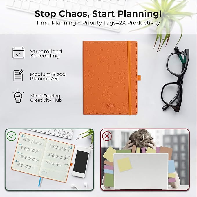 IN-LUXPRO Weekly Monthly 2026 Planner (Jan.26-Dec.26),8.5"x6.5",12 Months Agenda Plan with Month Tabs & Pocket,Expenses/Note Pages, Appointment Book Calendar with Hardcover Vegan Leather Cover,Orange