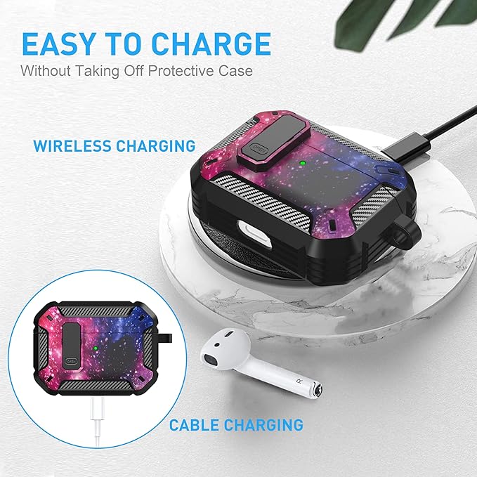 Maxjoy for AirPods Pro Case Cover with Lock, AirPods Pro 1st Generation Case for Men Military Rugged Protective Cover with Keychain Compatible with Apple AirPod Pros 2019 Front LED Visible, Starry Sky