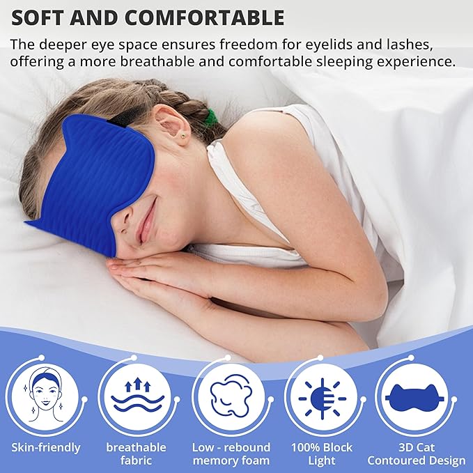 3D Kids Sleep Eye Mask: 3D Contoured Cup Sleeping Masks, Blindfold Sleep Eye Cover with Adjustable Strap, Memory Foam Lightweight Night Eyeshade for Boys Girls Teens (Royal Blue)