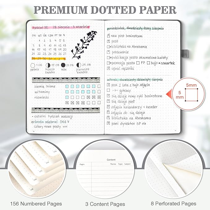 Bullet Dotted Journal Notebook 3 Pack, A5 Dotted Journal with 120gsm Paper, Leather Dotted Notebook, Hardcover Dot Grid Notebook Each with 156 Nmubered Pages, Dot Journal for Women, Men 5.75" × 8.38"