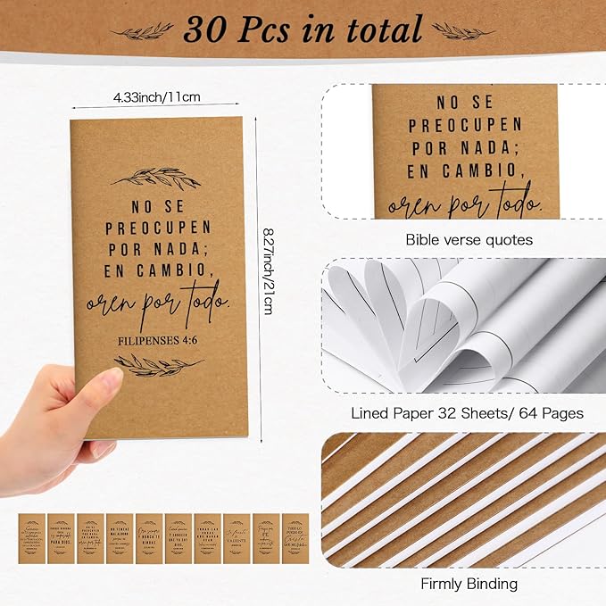 Qilery 30 Pcs Christian Gifts Bulk Pocket Planner 2025-2026 Prayer Journals for Women Men to Do List Weekly Goals for Pastors' Wives Appreciation Day Church Sunday School(Kraft Color,Spanish Bible)