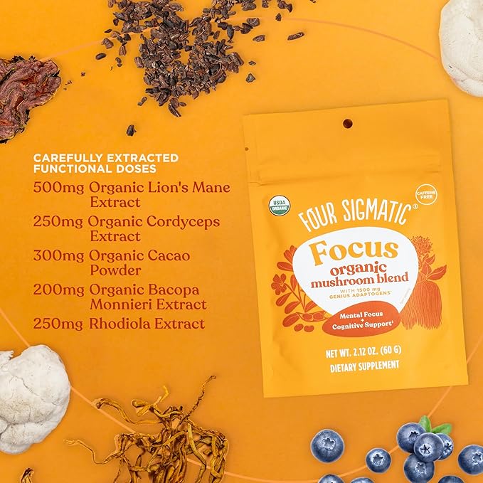Four Sigmatic Focus Blend | Organic Lion's Mane Powder with Adaptogen and Mushroom Blend | Includes Cordyceps, Rhodiola, Bacopa & Mucuna | 30 Servings
