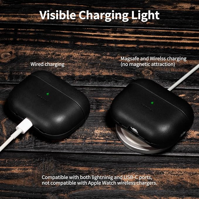 Belemay for AirPods Pro 2nd Generation Case, Compatible with MagSafe and Wireless Charging, Luxury Full-Grain Smooth Leather, Unique Patina, Comfort Grip, Compatible with Airpods Pro 2, Black