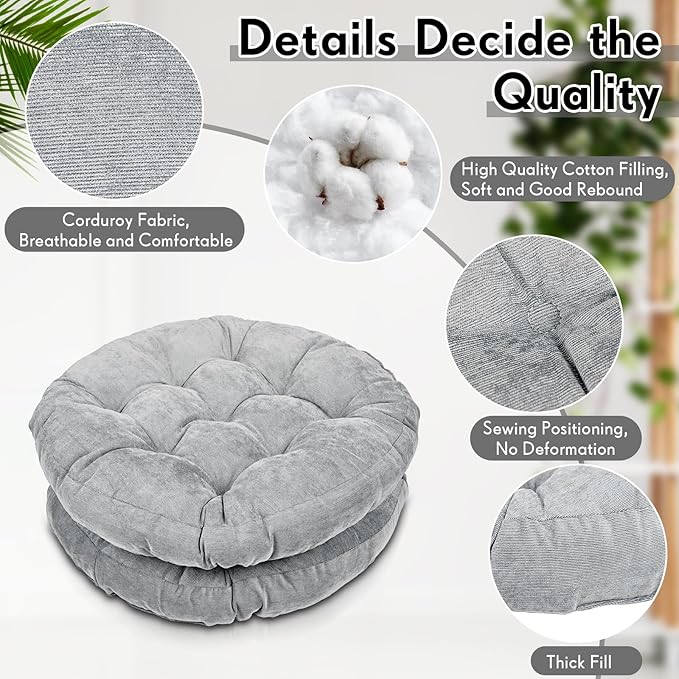Jerify 4 Pcs Floor Pillow Cushions 22 x 22 Inch Round Square Large Meditation Floor Pillow for Classroom Adult Meditation Picnic Party Cushion for Seating Gift Christmas(Light Grey,Round)
