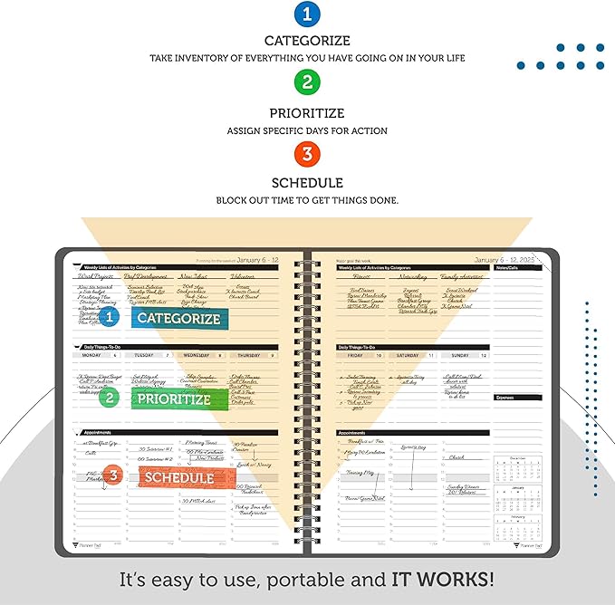 Planner Pad Spiral Bound January-December 2025/ Calendar Year 6 3/4" x 8 1/2" Medium 3-Tier Funnel Down 12 Month Organizer, Black Cover/Black Ink