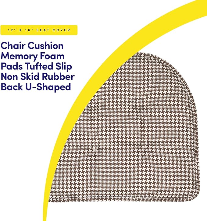Sweet Home Collection Chair Cushion Memory Foam Pads Tufted Slip Non Skid Rubber Back U-Shaped 17" x 16" Seat Cover, 12 Count (Pack of 1), Houndsooth Brown