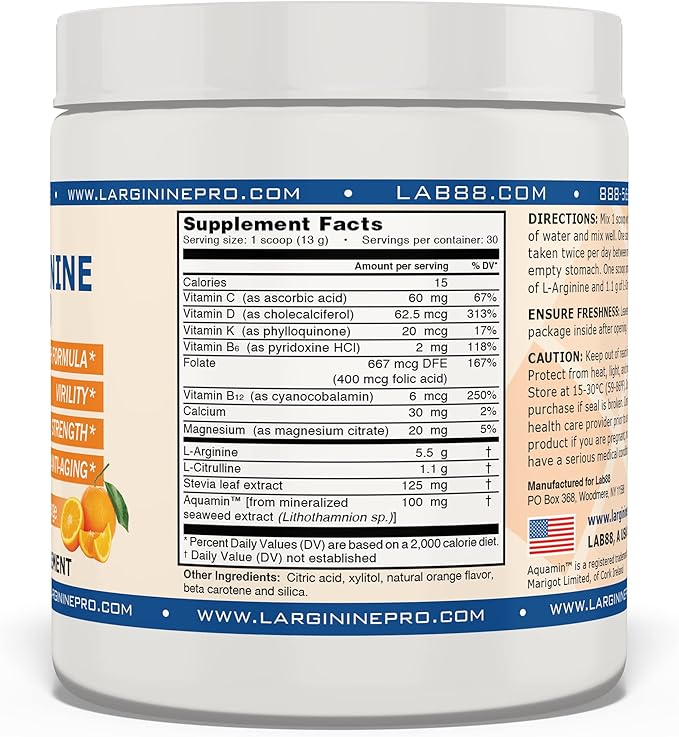 L-ARGININE PRO | 5,500mg L-Arginine Plus L-Citrulline 1,100mg Grape & Orange Powder Drink Mix Supplement for Increased Nitric Oxide Production