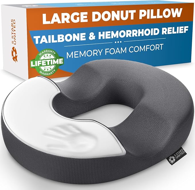 5 STARS UNITED Donut Pillow Hemorrhoid Tailbone Cushion – Large Cushion for Pain Relief – Coccyx, Prostate, Sciatica, Pelvic Floor, Pressure Sores, Pregnancy, Postpartum Recovery, Dark Gray