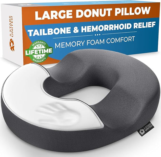 5 STARS UNITED Donut Pillow Hemorrhoid Tailbone Cushion – Large Cushion for Pain Relief – Coccyx, Prostate, Sciatica, Pelvic Floor, Pressure Sores, Pregnancy, Postpartum Recovery, Dark Gray