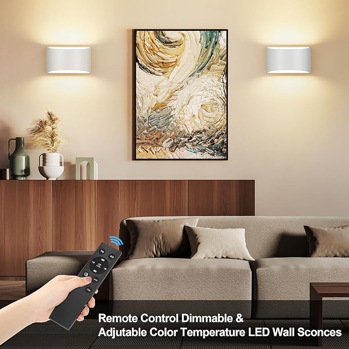 TRLIFE Modern LED Wall Sconces, Remote Control Dimmable and Adjustable Color Temperature 3000K~6000K Aluminum 12W Hardwired 120V AC Dimmable Wall Mounted Light for Bedroom Living Room(White, 2 Pack)