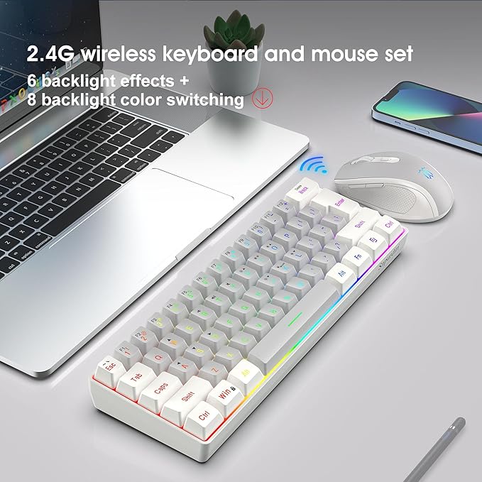 Snpurdiri 2.4G Wireless Gaming Keyboard and Mouse Combo, Include Mini 60% Mechanical Feel RGB Backlit Keyboard, Ergonomic Vertical Feel Small Wireless Mouse(White and Grey)