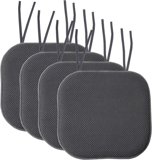 Sweet Home Collection Chair Cushion Memory Foam Pads with Ties Honeycomb Pattern Slip Non Skid Rubber Back Rounded Square 16" x 16" Seat Cover, 4 Pack, Charcoal Gray 4 Pack