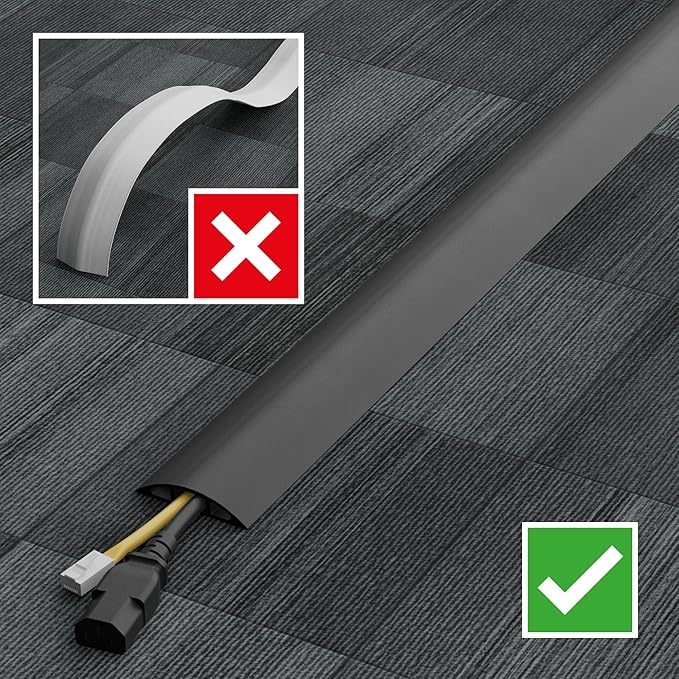 D-Line 30ft Floor Cord Cover, Floor Cable Protector, Extension Cord Cover, Protect Wires & Prevent Cable Trips, Cable Management Solution - Cord Cavity = 0.63" (W) x 0.31" (H) - Black