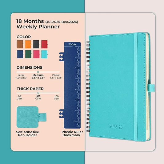 Planner 2025-2026 Daily Weekly and Monthly,8.5"x6.5",18 Months Spiral Bound Calendar Agenda with Self-adhesive Pen Holder,2026 Academic Plan with Vegan Leather Soft Cover,Light Blue