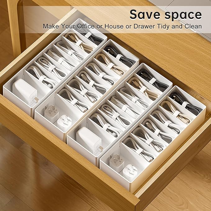 2 Pcs Cable Organizer Box with Wire Ties, Plastic Cord Charger Storage Box with 8 Compartments, Electronics and Home Office Desk Drawer Stationery Organizer, Stackable, White