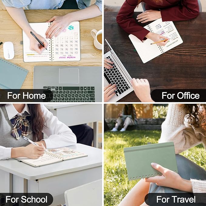 AHGXG Graph Paper Notebook - Spiral Notebook Hardcover Leather Journal 140 Pages, B5 Large Grid Notebook 7.6" x 10", 100 gsm Thick Paper, for School Writing Graphing Engineering Math, Sage Green