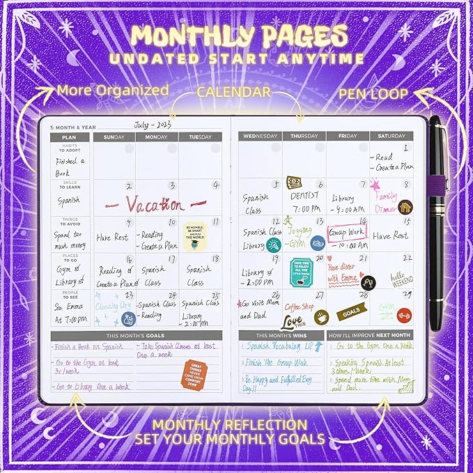 2025 Undated Academic Planner Hardcover (5.5x8.5") - Flexible Weekly & Monthly Organizer with Stickers, Productivity Journal for Students & Professionals(Purple)