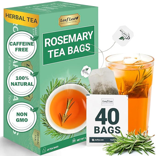 LeafLea 40 Premium Rosemary Tea Bags from 100% Natural Rosemary Leaves, Herbal Tea for Gentle Digestive Comfort, Te De Romero Earthy Taste & Light Aroma, Caffeine-Free, Sugar-Free, Non-GMO