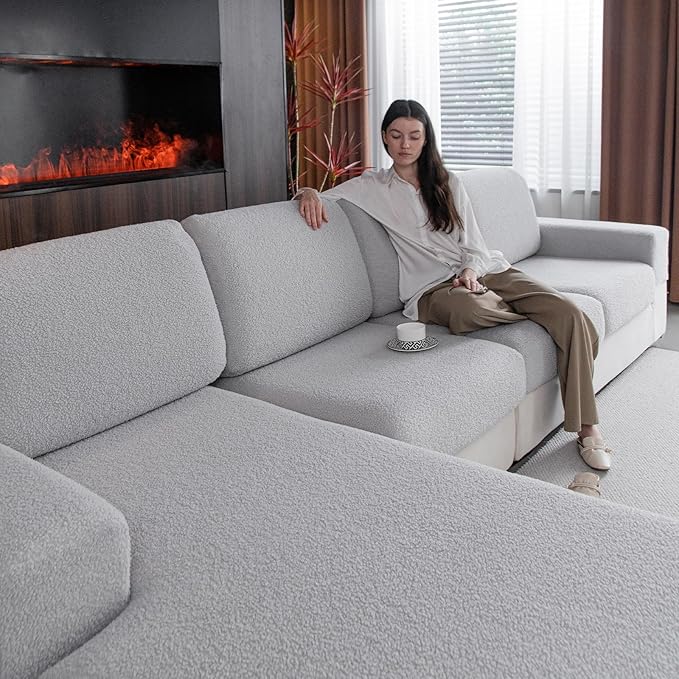Couch Cushion Covers for Sectional Sofa, Stretch Soft Sofa Slipcovers Washable Wear-Resistant Universal Furniture Protector for Living Room(2 Seaters Covers+1 Chaise Cover, Light Gray)