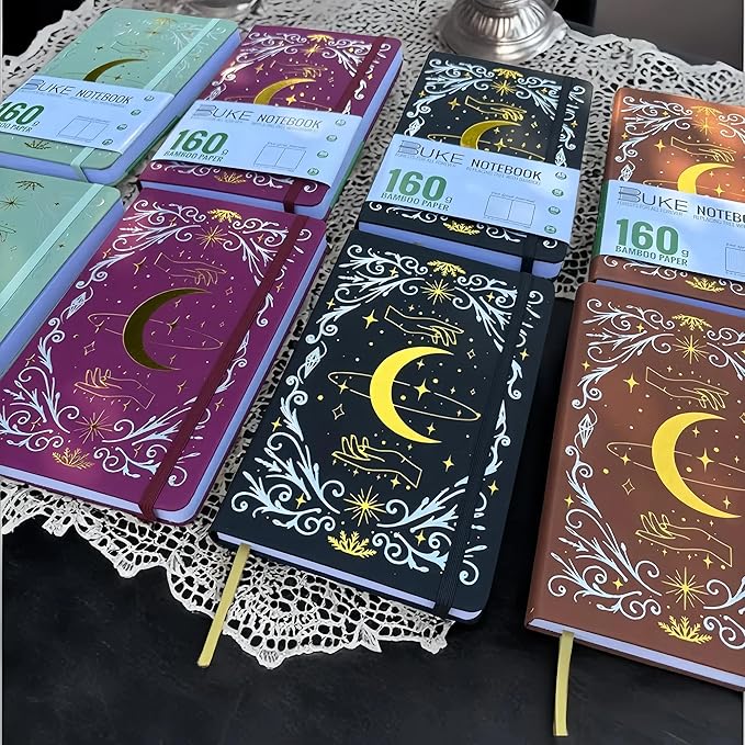 BUKE A5 Dotted Journal – 160gsm Ultra Bamboo Paper, Moon & Star Foil Cover, Flat Lay Notebook with Gift Box – 160 Pages, 5mm Dot Grid, Faux Leather Hardcover (Black)