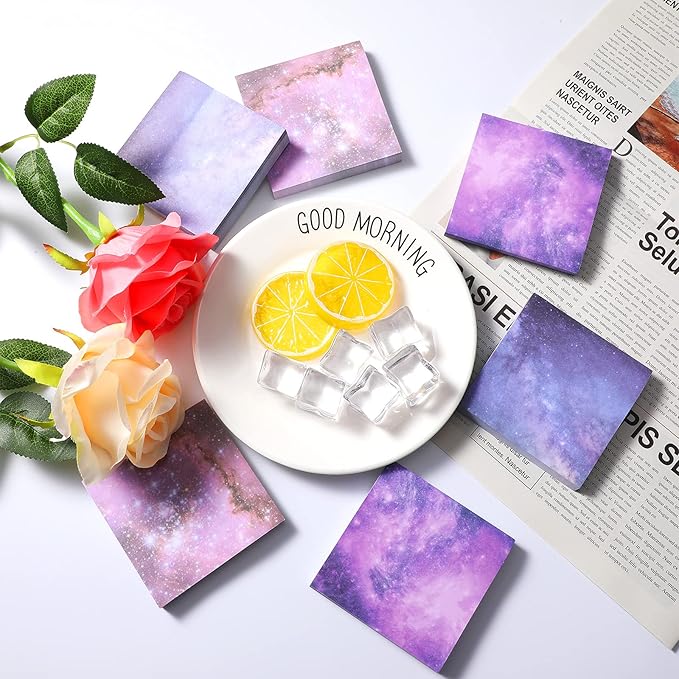 6 Pads Planet Sticky Notes 3. 15 x 3. 15 Inches Purple Starry Sky Self Adhesive Memo Note Pads Galaxy Self Stick Memo for Office Paper Natural Scenery Theme Notes, 600 Sheets Total
