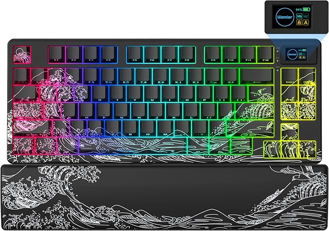 Womier 75% Wireless Mechanical Keyboard with Color Multimedia Screen Gaming Keyboard, Theme 3-Modes Hot Swappable Key Board w/Wrist Rest,SK80 PRO Gasket RGB Custom for Mac/Win,Black Kanagawa