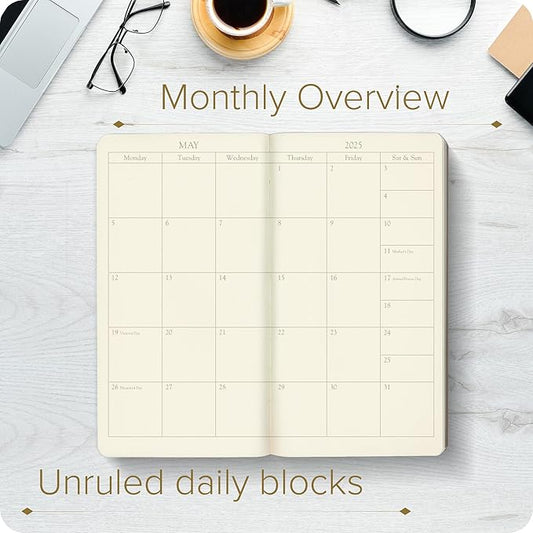 Gallery Leather Pocket Monthly Planner 2025, Elegantly Bound Calendar Planner and Notebook with Stylish Gold-Gilded Page Edges, 18 Months - Acadia Navy - US Space Force - 6 x 3.25 "