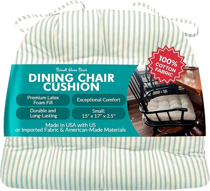 Barnett Home Decor Ticking Stripe Aqua Dining Chair Pad with Ties - 15 x 17 Size Small Chair Cushion - Latex Foam Fill - Machine Washable, Reversible, 100% Cotton, Made in USA (Turquoise)