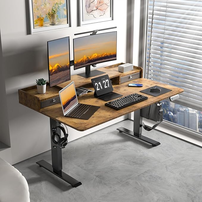 55 x 30 Inch Electric Standing Desk with 2 Drawers, Adjustable Height Widened Stand Up Desk with Storage, Sit to Stand Ergonomic Workstation for Home Office, Rustic Brown