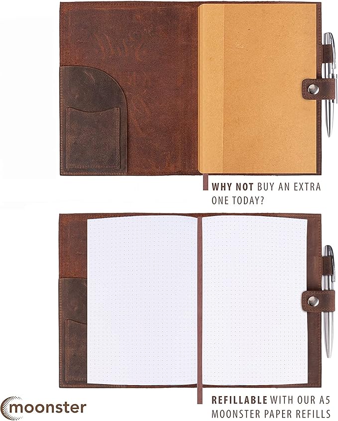 Dot Grid Journal Notebook Paper - by MOONSTER® for Refillable Leather Journals – A5 Hardcover 70gsm Dotted Notebooks for Work 8.25 x 5.75 Inches with 320 Page Refill Note Book and Helpful Bookmark