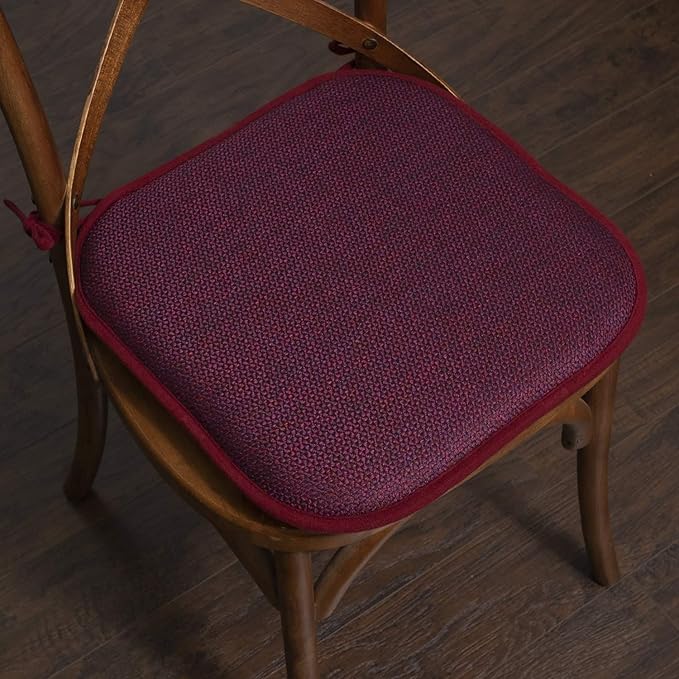 Sweet Home Collection Chair Cushion Memory Foam Pads with Ties Honeycomb Pattern Slip Non Skid Rubber Back Rounded Square 16" x 16" Seat Cover, 6 Pack, Cameron Wine