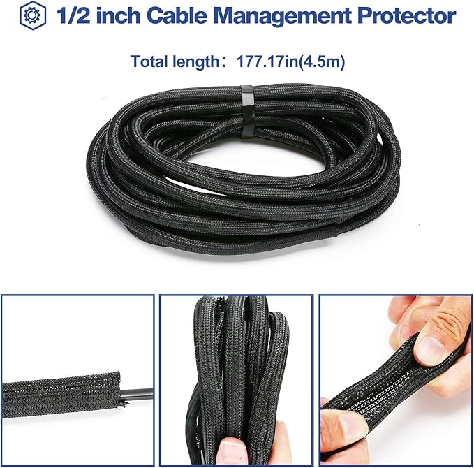 JOTO 1 Pack Cable Management Sleeve, 15 Feet Cord Organizer System with Zipper for TV Computer Office Home Entertainment, Flexible Cable Sleeve Wrap Cover Wire Hider System -Black