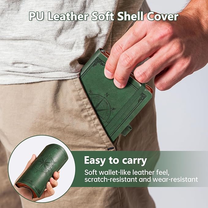 AHGXG Small Blank Pocket Journal Notebook for Men - 256 Numbered Pages B6 Mini Journal, Vintage Soft Leather Hardcover, 80gsm Paper, for Women Work Office School, 4.1'' X 5.7''- Dark Green