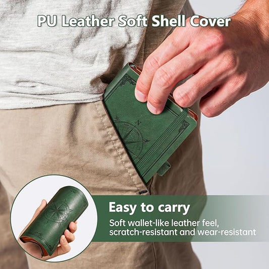 AHGXG Small Blank Pocket Journal Notebook for Men - 256 Numbered Pages B6 Mini Journal, Vintage Soft Leather Hardcover, 80gsm Paper, for Women Work Office School, 4.1'' X 5.7''- Dark Green