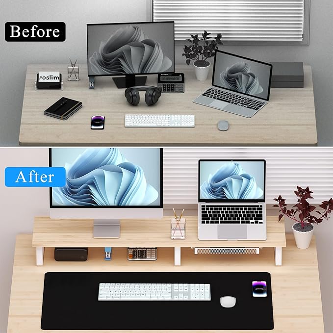 Large Dual Monitor Stand Riser - Monitor Stand for 2 Monitors, Wooden Computer Stand For Desk with Metal Legs, Desk Organizers and Storage With Drawer, Desk Shelf for Computer/Laptop/Printer/TV, Oak
