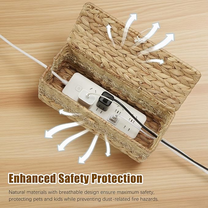 Cable Organizer Box Handmade Wicker Rattan Cable Management Box Adapter Power Strips Outlet Router Cord Hider Cover Under Desk Electrical Wire Storage Organizer with Lid (Natural, Medium)