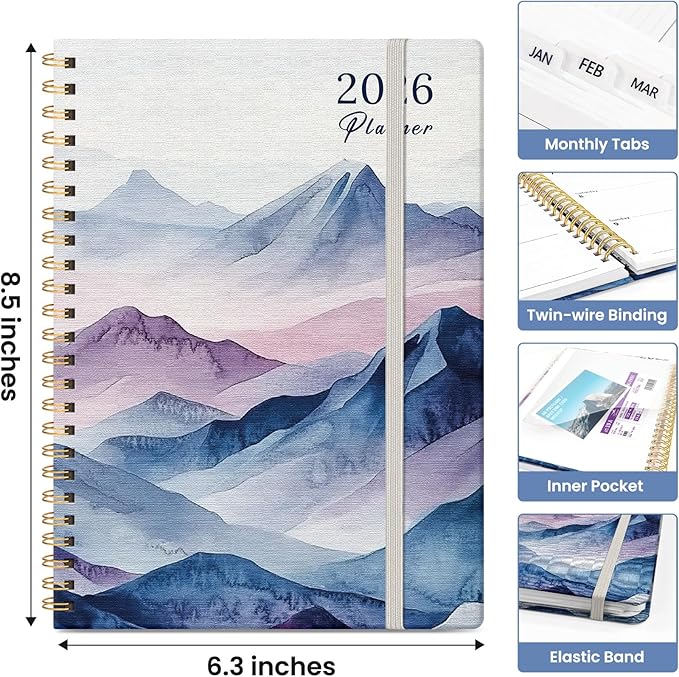 2026 Planner, Monthly and Weekly Calendar Planner for Women, January 2026 - December 2026, Hardcover Pretty 2026 Agenda Planner Book with Tabs, Spiral Bound, Perfect for School Office Home Supplies, 6.3" x 8.5" - Distant Peaks