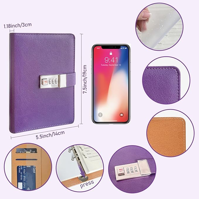 Refillable Password Book with Alphabetical Tabs & Lock, 7.5x5.5in, Hardcover Password Keeper Book of Internet Website, Password Notebook & Organizer for Home Office, w/Pockets, Purple