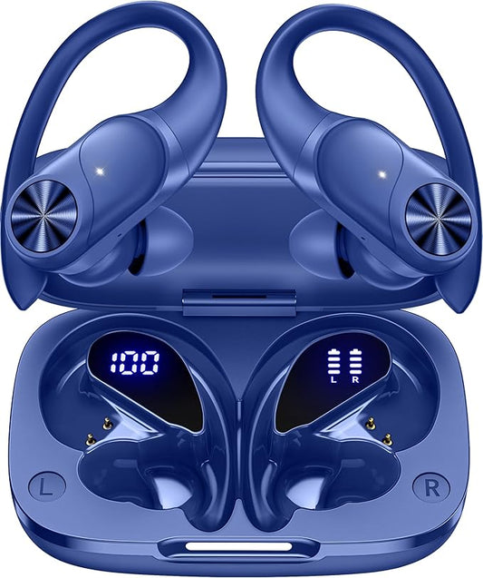 PocBuds Bluetooth Headphones Wireless Earbuds 80hrs Playtime Wireless Charging Case Digital Display Sports Ear Buds with Earhook Deep Bass IPX7 Waterproof Over-Ear Earphones for TV Phone Laptop Navy