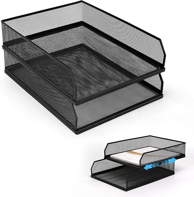 Stackable Paper Tray Organizer for Desk,Metal Mesh Wire Letter Tray, Letter Trays Organizers, Front-Load Paper Holder Storage for Office, School, Home,2 Pcs