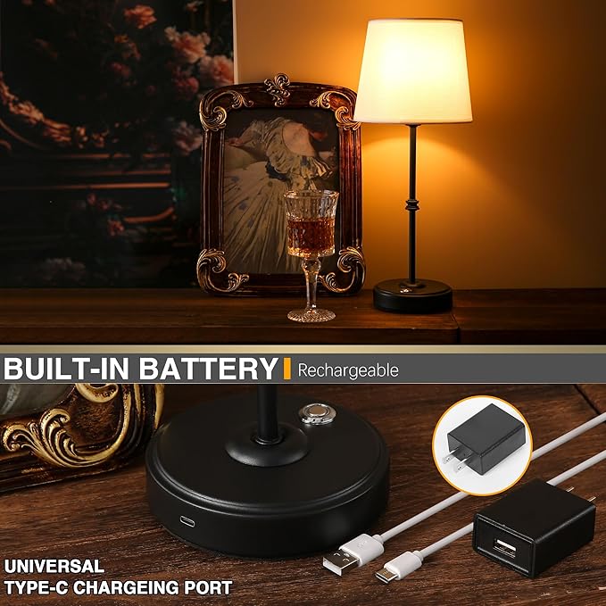 Rechargeable LED Cordless Table Lamp, 5200mAh Battery Operated, 3 Level Brightness, Portable Night Bedside Lamp, Ambient Desk Light for Home Decor, Patio, Restaurant, Dinning(Black)