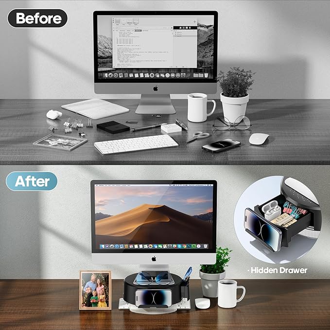 KDD Monitor Stand Riser with Drawer - Computer Monitor Stand for Desk with Storage /Phone Holder/Pen Tray - Desk TV Shelf, Laptop Printer, Organizer Stand for Home & Office