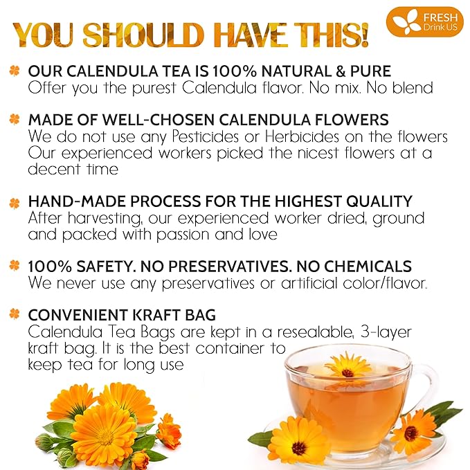 FRESHDRINKUS Premium 100% Natural Calendula Flower Tea Bags, 135 Count, Herbal Tea, Caffeine Free, Sugar Free, Gluten Free, Vegan
