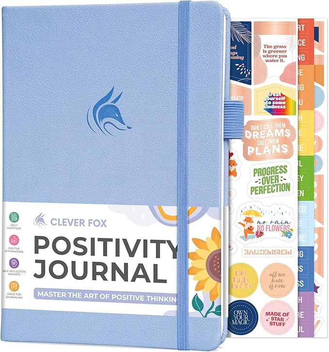 Clever Fox Positivity Journal – Daily Gratitude & Affirmation with Prompts – Motivational Mental Health Notebook with Habit Tracker (Periwinkle)