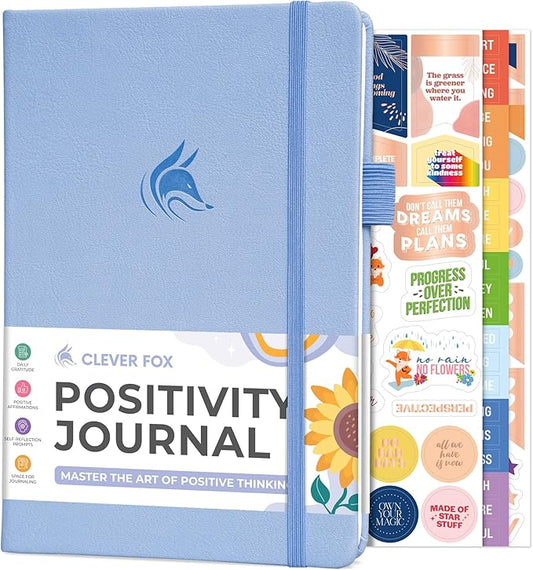 Clever Fox Positivity Journal – Daily Gratitude & Affirmation with Prompts – Motivational Mental Health Notebook with Habit Tracker (Periwinkle)