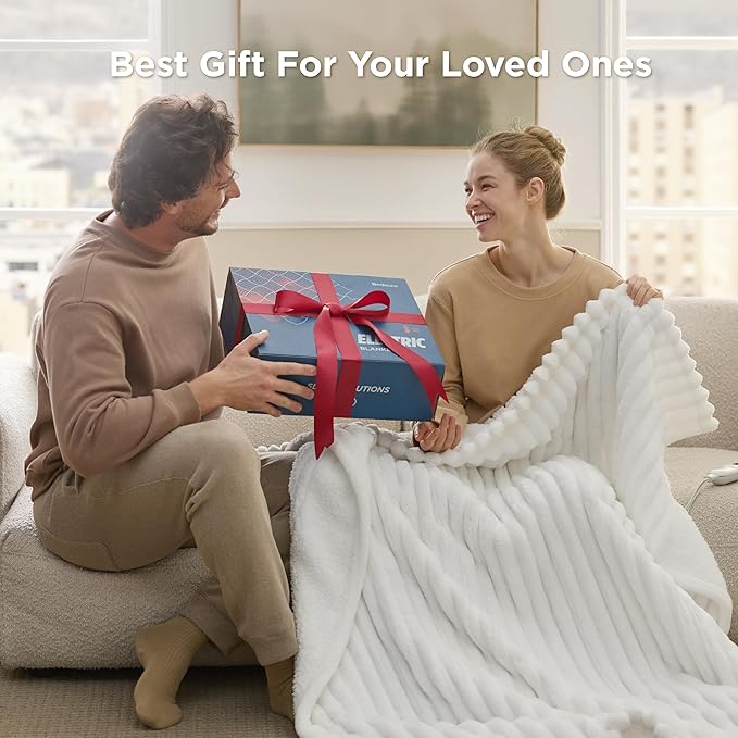 Bedsure Electric Blanket Full Size - Thick Striped Flannel Heated Blanket with 6 Heat Settings, 10 Time Settings, 8-Hour Timer Auto Shut Off, Gifts for Grandma (72x84 inches, Linen)