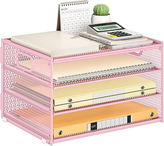 Subekyu Paper Letter Tray Organizer for Desk, Pink Metal Mesh Desk File Sorter Organizer with Handle and 2 Sliding Trays for Home Office School Supplies Organization