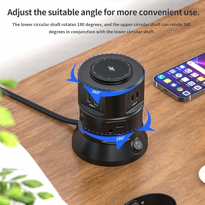 Surge Protector Power Strip Tower - Desk Charging Station with 15W Magnetic Wireless Charger, 6 AC Outlets and 4 USB (2 Type C) Ports,