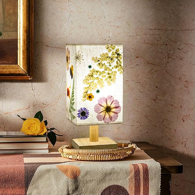 Dried Flowers Table Lamp 5W LED 3Color Temperatures Pressed Flower Bedside Lamp Square Linen Shade with Wood Base for Bedroom Living Room