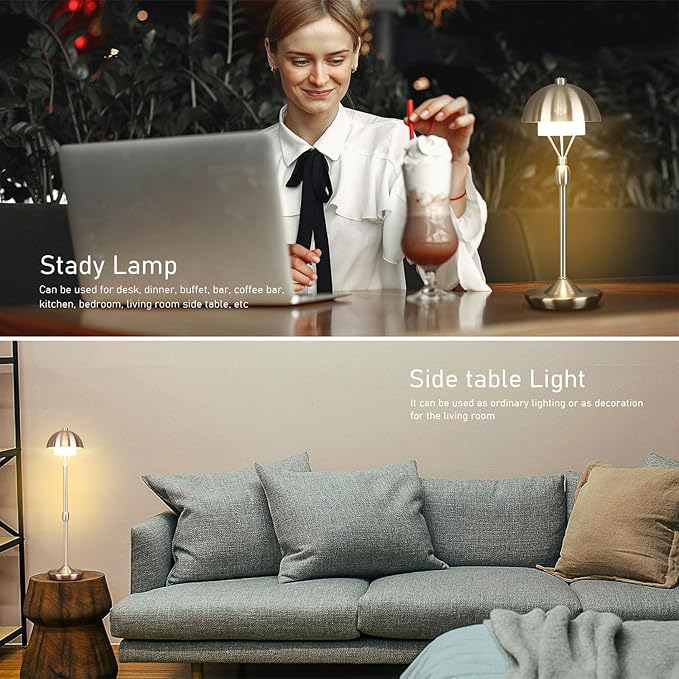 Modern Table Lamp Cordless Portable Desk Lamp, 2700K Stepless Dimming Rechargeable Battery Operated LED Lights for Bedroom, USB-C Charging, Restaurant/Bar/Night Light/Gifts (Brushed Nickel)